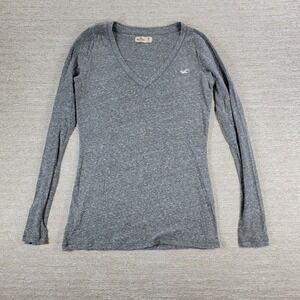Hollister V Neck Long Sleeve Basic Tee Size M Womens Gray Slim Fit Logo Y2K